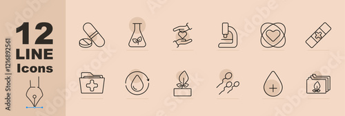 Medical research set icon Capsule, flask, helping hands, microscope, heart care, bandage, health folder, drop, plant, cells, biology folder. Medical, science, innovation