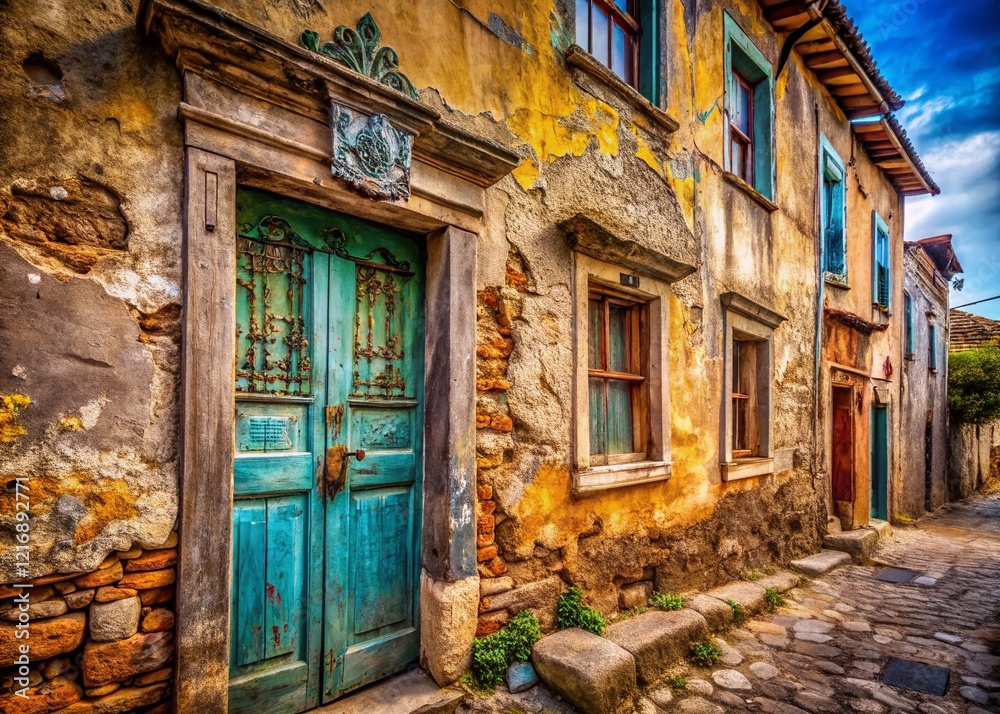 Cunda Island, Turkey:  Antique House Facade Architectural Details - Stock Photo