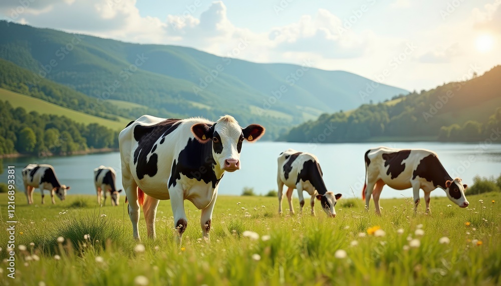 Idyllic Cows Grazing: Serene Pastoral Scene in Lush Green Meadow
