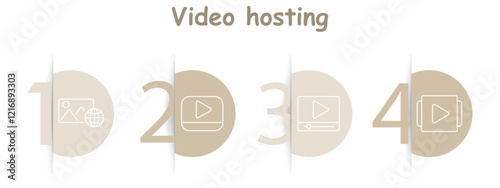 Video hosting set icon. Photo, video, platform, playback, media, upload, online, hosting, streaming, content, gallery.