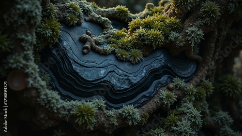 Glaciated obsidian meets quartz crystal facets in a forest setting photo