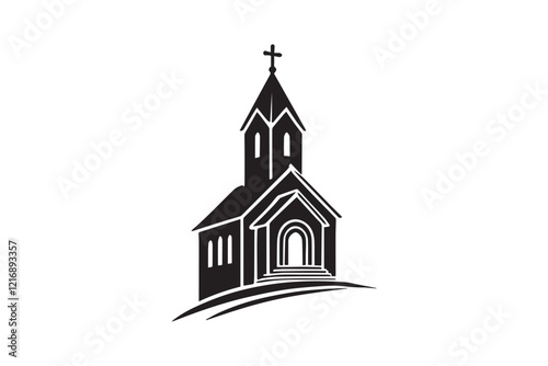 simple and subtle vector silhouette of church in black and white, set against a white background. 
