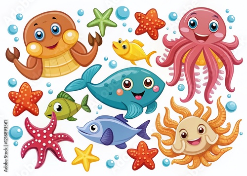 Cute Cartoon Sea Animals: Blank Space for Projects - Stock Photo