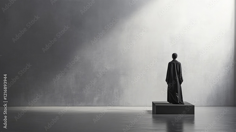 Solitary Figure on Platform Under Dramatic Light in Minimalist Space