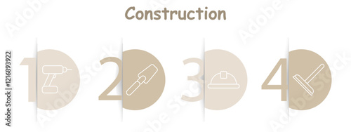 Construction set icon. Drill, trowel, helmet, window squeegee, tools, equipment, safety, building, renovation, construction.