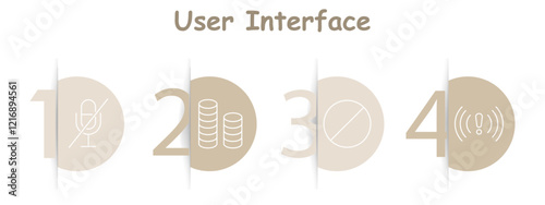 User interface set icon. Muted microphone, coin stacks, no entry symbol, warning signal, communication, restrictions, notifications, financial indicators