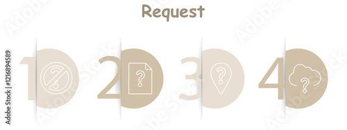 Request set icon. Prohibited question, document with question mark, location pin with question mark, cloud with question mark, inquiries, support, guidance, unknown