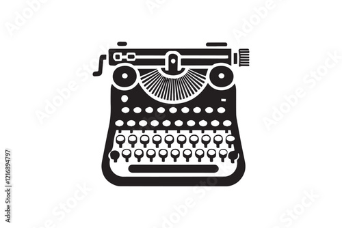 simple and subtle vector silhouette of typewriter in black and white, set against a white background. 