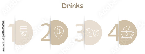 Drinks set icon. Coffee cup, beer mug in location pin, coffee beans, tea cup, beverages, preferences, warm drinks, relaxation