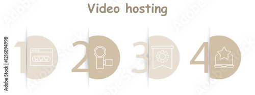 Video hosting set icon. Browser window, webcam, gear flag, laptop with star, streaming, tools, platform, content creation