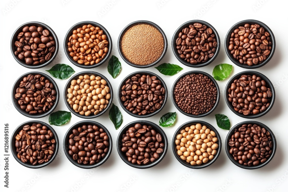 Varieties of coffee beans arranged in bowls with green leaves on a white background, showcasing their colors and textures Varieties of coffee beans arranged in bowls with green leaves on a white background, showcasing their colors and textures