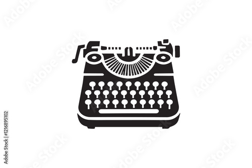 simple and subtle vector silhouette of typewriter in black and white, set against a white background. 