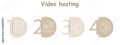 Video hosting set icon. Play file, film reels, rewind symbol, fast-forward symbol, streaming, content playback, navigation, media tools