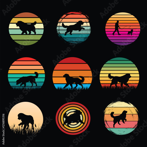 Bernese Mountain Dog Silhouette in Retro Sunset Illustration Vector Bundle

