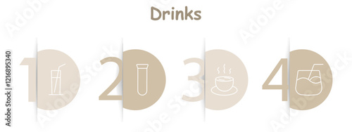 Drinks set icon. Glass with straw, test tube, steaming cup, cocktail glass, beverages, hot drinks, cold drinks, testing