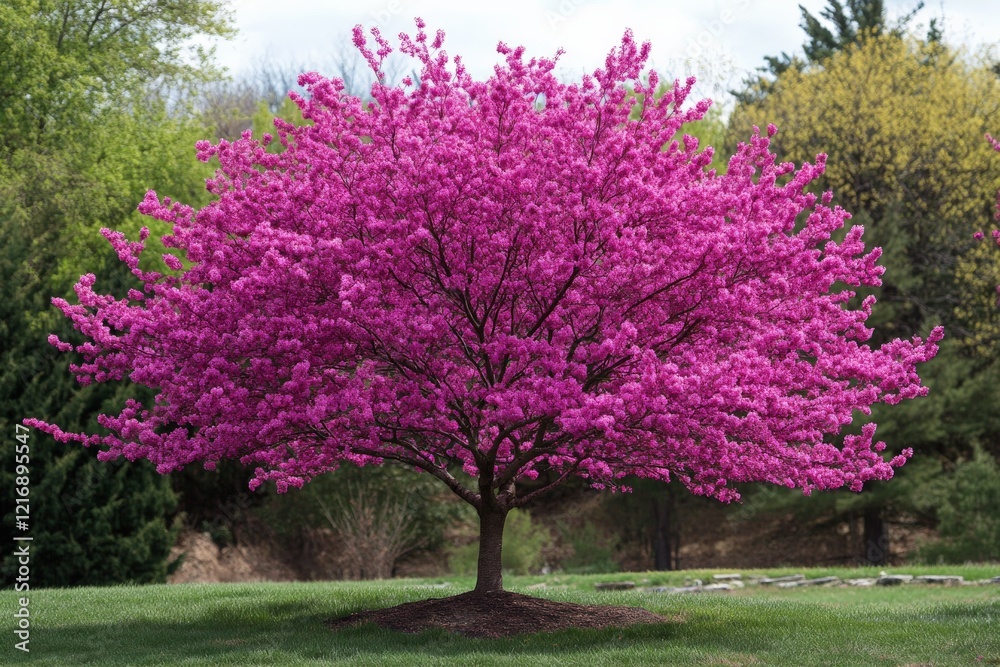 Vibrant pink flowering tree in full bloom during spring on a sunny day in the park Vibrant pink flowering tree in full bloom during spring on a sunny day in the park