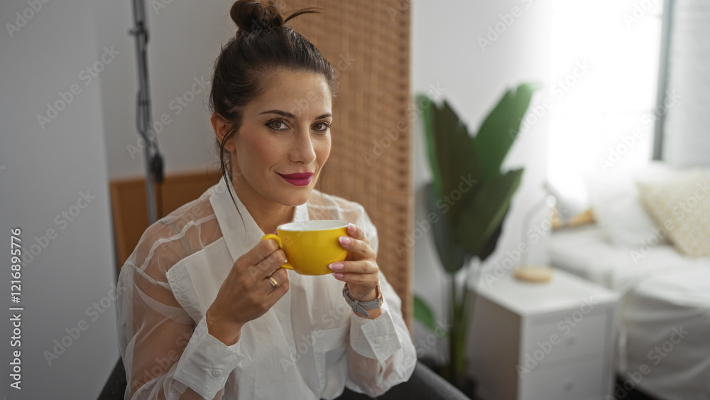 Woman enjoying coffee in a cozy bedroom with modern decor, smiling brunette in a white shirt holding yellow mug, relaxed atmosphere at home indoors. Woman enjoying coffee in a cozy bedroom with modern decor, smiling brunette in a white shirt holding yellow mug, relaxed atmosphere at home indoors.
