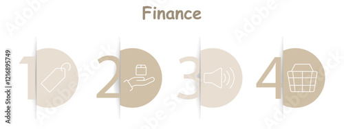 Finance set icon. Price tag, product delivery, speaker, shopping basket. E-commerce business, product sales, customer engagement, shopping solutions.