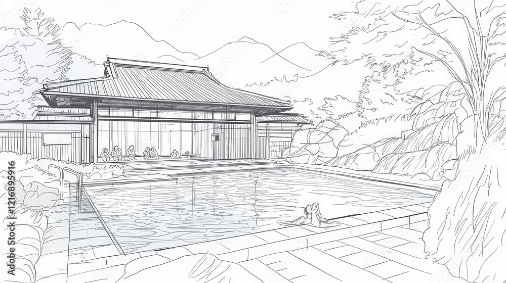 Fototapeta premium Tranquil Outdoor Swimming Pool Surrounded by Nature and Mountains