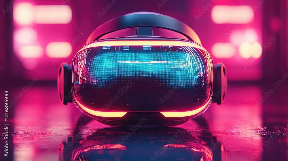 Futuristic Virtual Reality Headset Neon Lights Reflecting Futuristic Virtual Reality Headset Neon Lights Reflecting