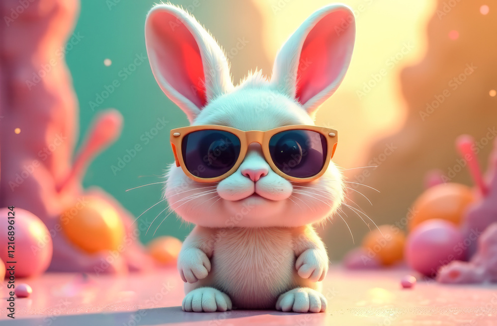 Fototapeta premium Cool bunny with sunglasses on colorful background