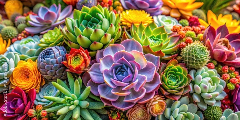 Fototapeta premium Vibrant mix of colorful flowering succulent plants arranged in a beautiful bouquet