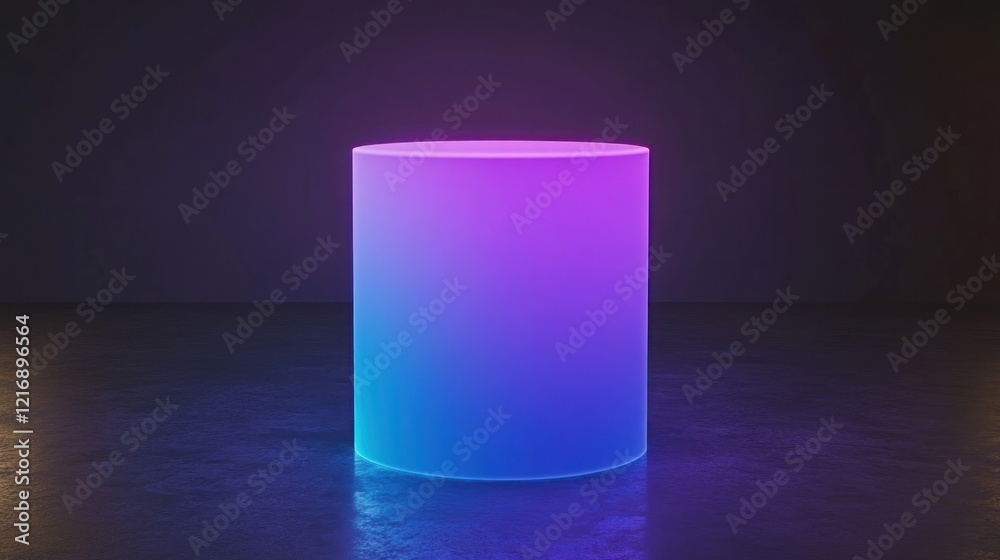 Glowing neon cylinder on dark floor, product display Glowing neon cylinder on dark floor, product display