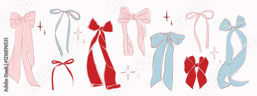 Hand-drawn collection of cute and colorful bows in pink, red, and blue tones, perfect for decorative elements, gifts, fashion, or crafting in a playful and charming design style.