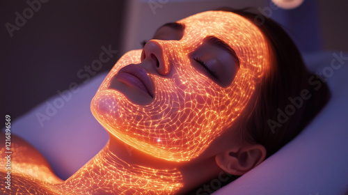 A face wrapped in rejuvenating LED therapy light, surrounded by ethereal, glowing patterns photo