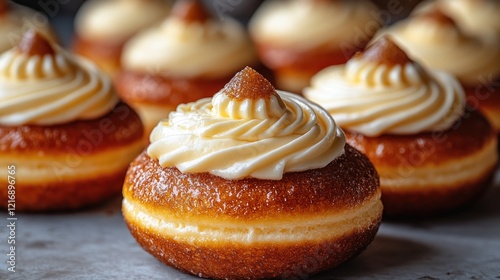 Cream-filled donuts, bakery, closeup, dessert, Hanukkah photo