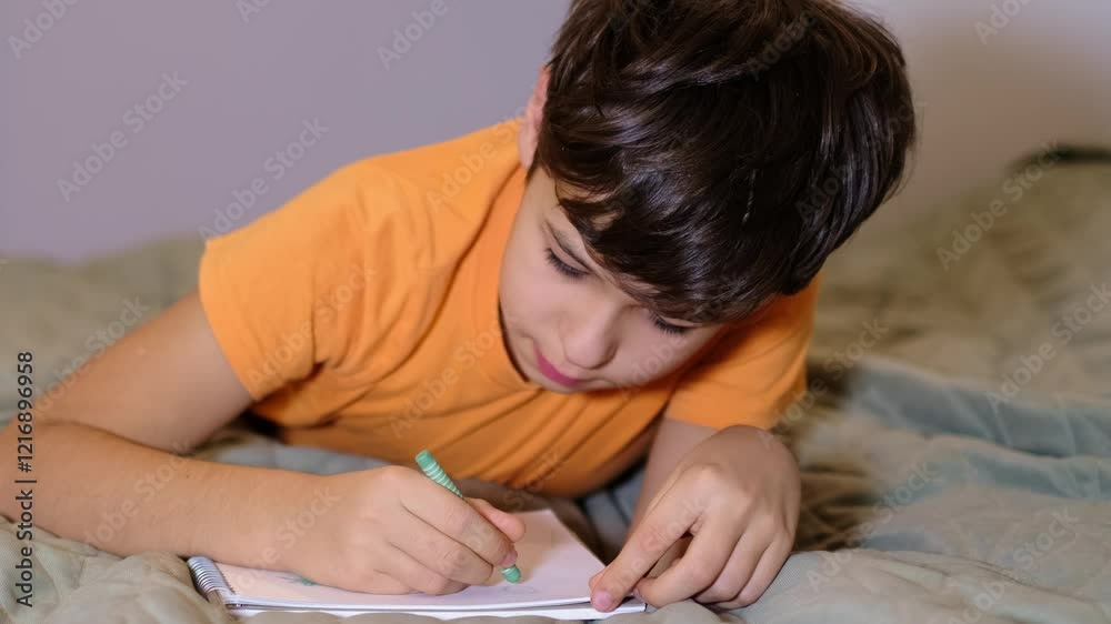 A young boy, immersed in his drawing, lies comfortably on a bed with a crayon in hand. This setting showcases the balance between creativity and the need for ergonomic awareness in children.