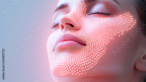 A serene depiction of microneedling, with glowing patterns of renewal spreading across the skin
