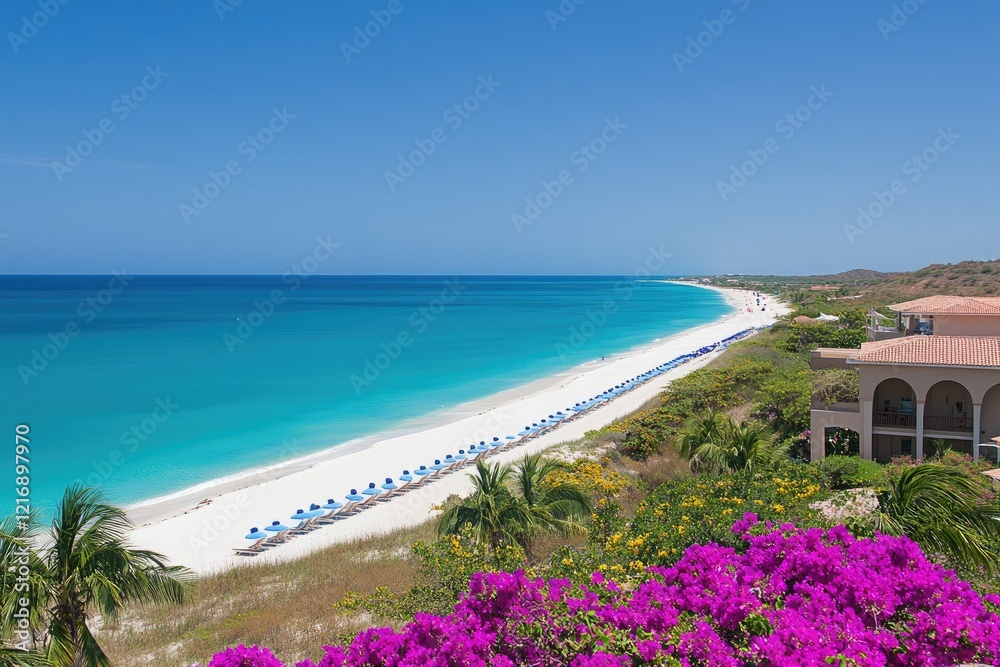 Tropical beach resort, turquoise water, sunny day, relaxation
