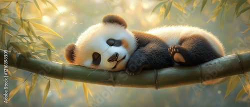 Sleeping Panda Amid Lush Bamboo Forest in Serene Morning Light