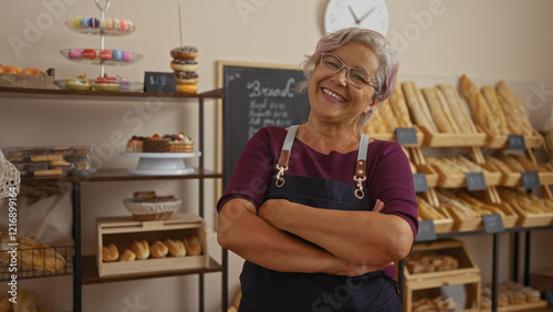 Obraz na plátne Hispanic woman with grey hair and glasses, arms crossed, standing in a bakery filled with bread and pastries, smiling confidently