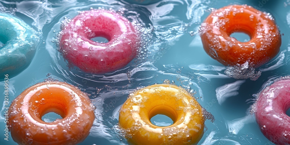 Obraz premium Close-Up of Colorful Candy Rings Floating on Water