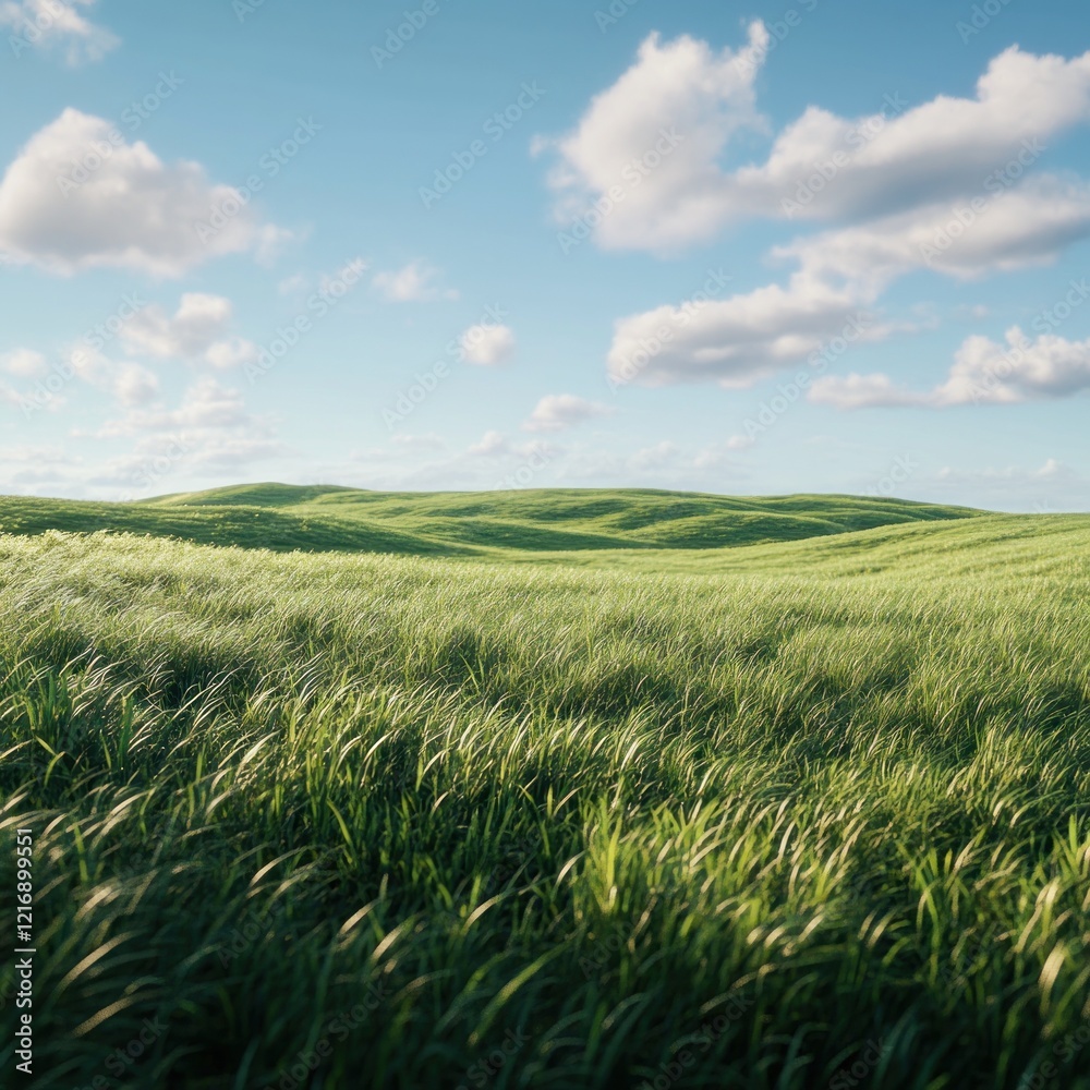 Fototapeta premium Rolling green hills, windswept grass, sunny sky, pastoral landscape, nature background