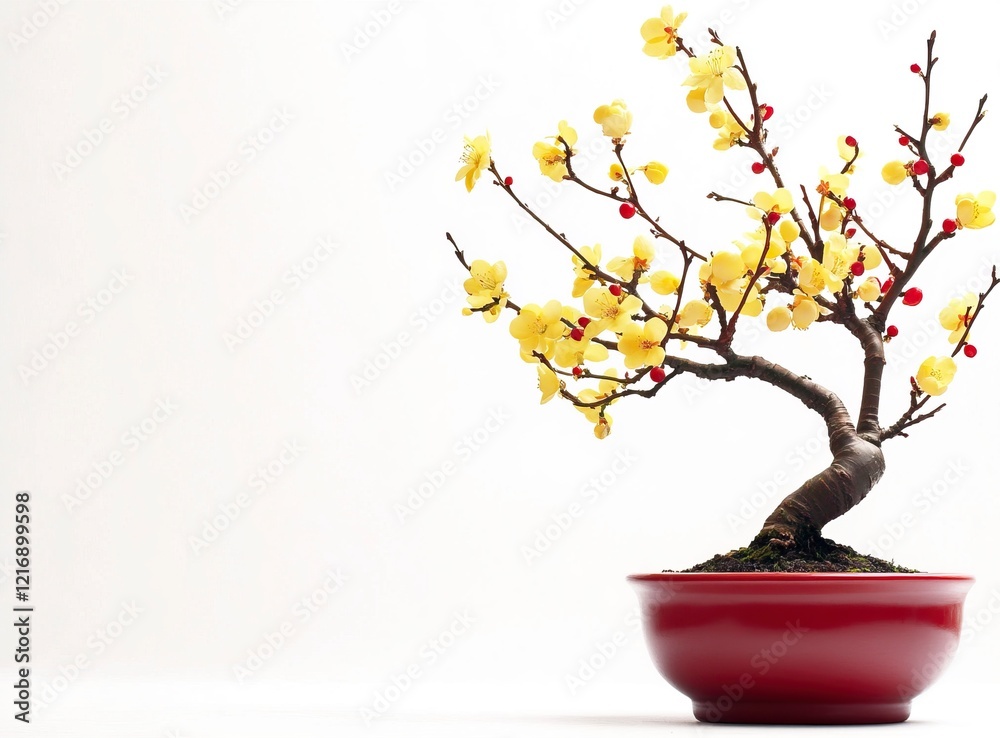 A yellow apricot blossom bonsai in a red pot with Chinese New Year decorations on a white background. The left side of the image has white space for text. A yellow apricot blossom bonsai in a red pot with Chinese New Year decorations on a white background. The left side of the image has white space for text.