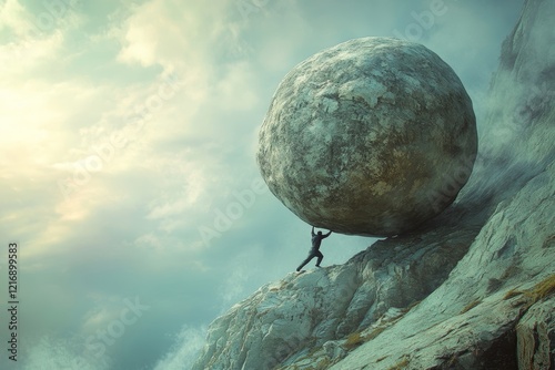illustration of strong man pushing big rock uphill, surreal concept, Generative AI