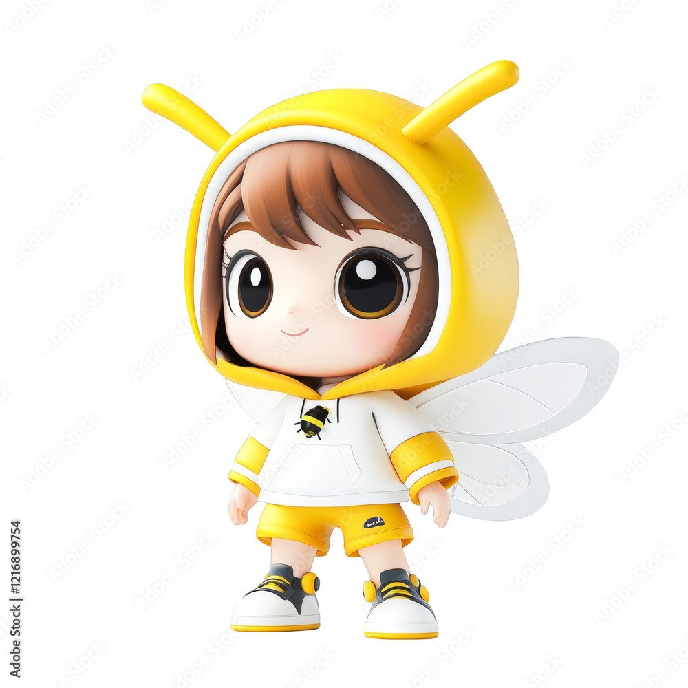 Cheerful bee costume character digital art studio playful atmosphere front view whimsical concept