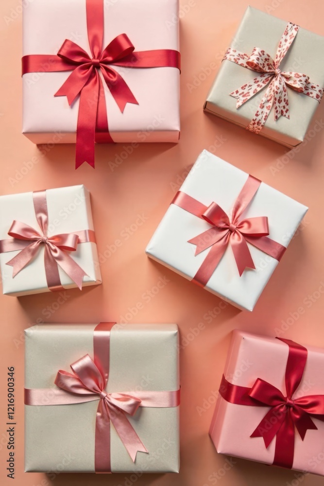 A Collection of Beautifully Wrapped Presents with Delicate Ribbons and Bows, Arranged on a Soft Peach Background
