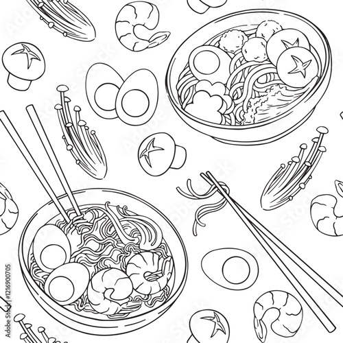 coloring book for adults. seamless pattern with asian cuisine, bowls with noodles and ramen ingredients. vector illustration in doodle style, line drawing
