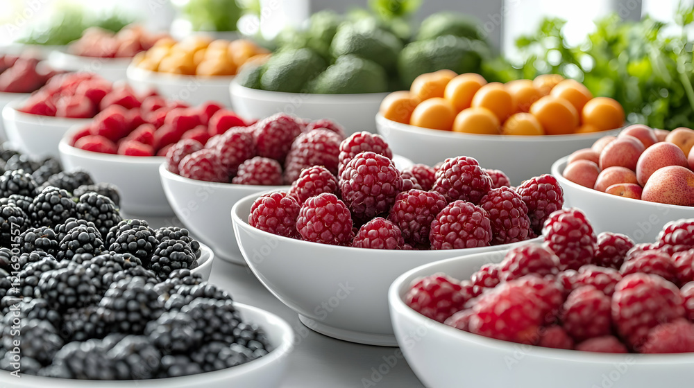 A Colorful Collection of Fresh Berries in White Bowls A Colorful Collection of Fresh Berries in White Bowls