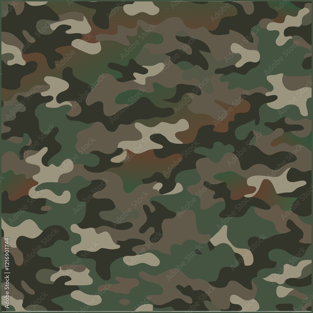 Army woodland green hunting camouflage seamless pattern design. Khaki texture.
Army woodland green hunting camouflage seamless pattern design. Khaki texture.