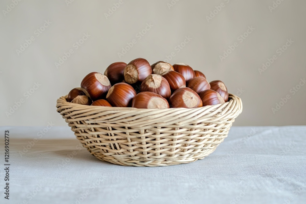 A minimalist arrangement of freshly picked chestnuts in a small wicker basket. picture A minimalist arrangement of freshly picked chestnuts in a small wicker basket. picture
