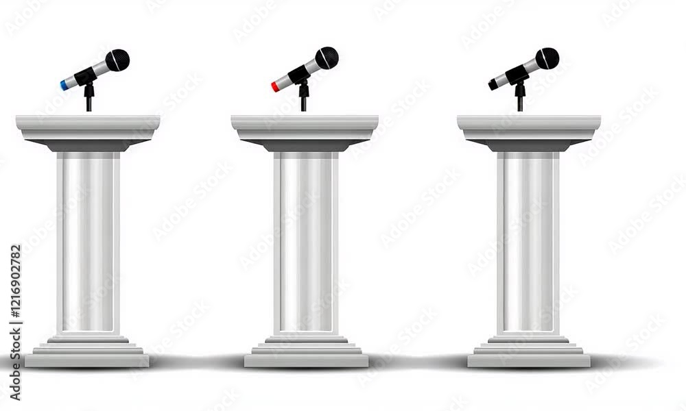 Three podiums with microphones set for a debate event Three podiums with microphones set for a debate event
