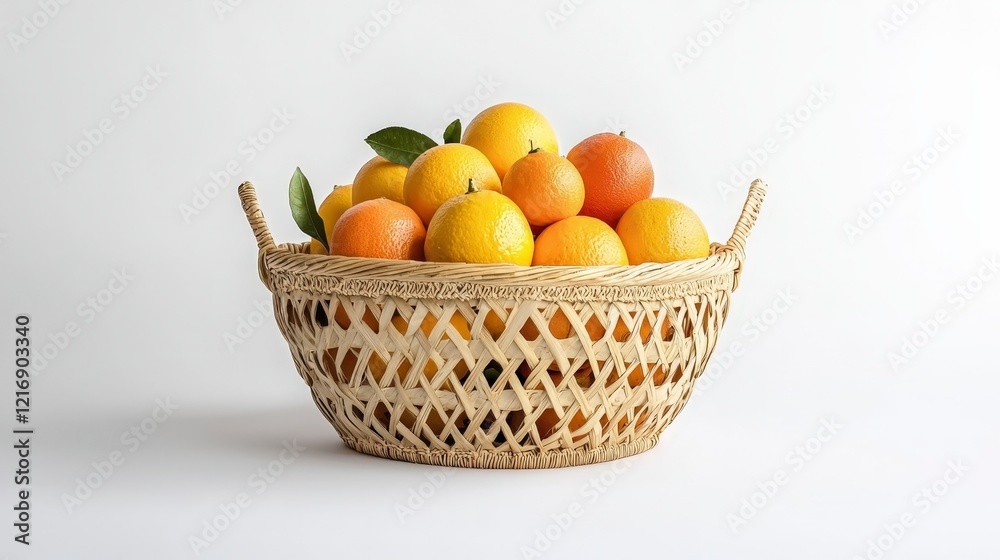 Fresh Citrus Fruits in a Woven Basket on a Light Background Fresh Citrus Fruits in a Woven Basket on a Light Background