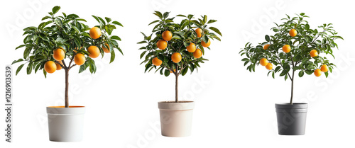 set of Bright orange tree with fruit in pot isolated on transparent background, cut out