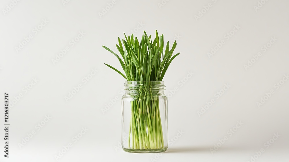 A minimalist arrangement of wheatgrass sprigs standing in a simple glass jar picture A minimalist arrangement of wheatgrass sprigs standing in a simple glass jar picture