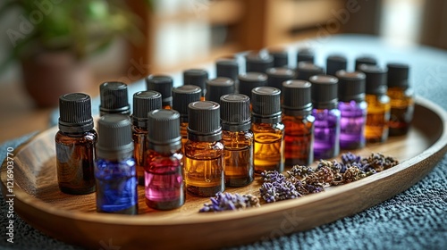 A variety of essential oils, neatly arranged on a tray near a massage table, aromatherapy massage products